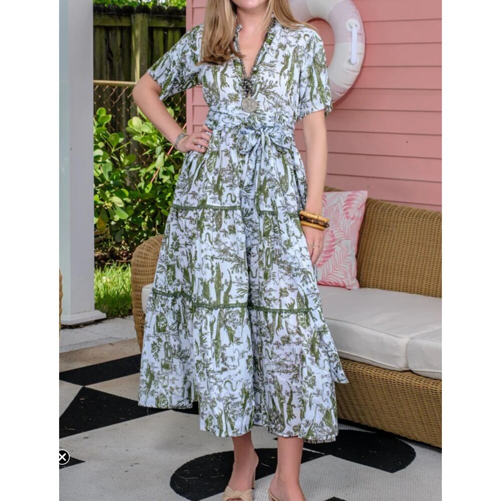 Just Darviny Kristina Dress Bayou Moss Green Belted V-Neck Short Sleeve Size XS